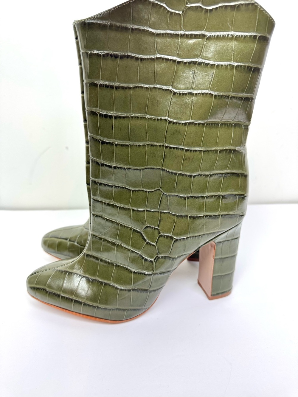 Schutz Gabrielle Olive Green Croc-Embossed Leather Boots Size 8 B - Picture 2 of 8